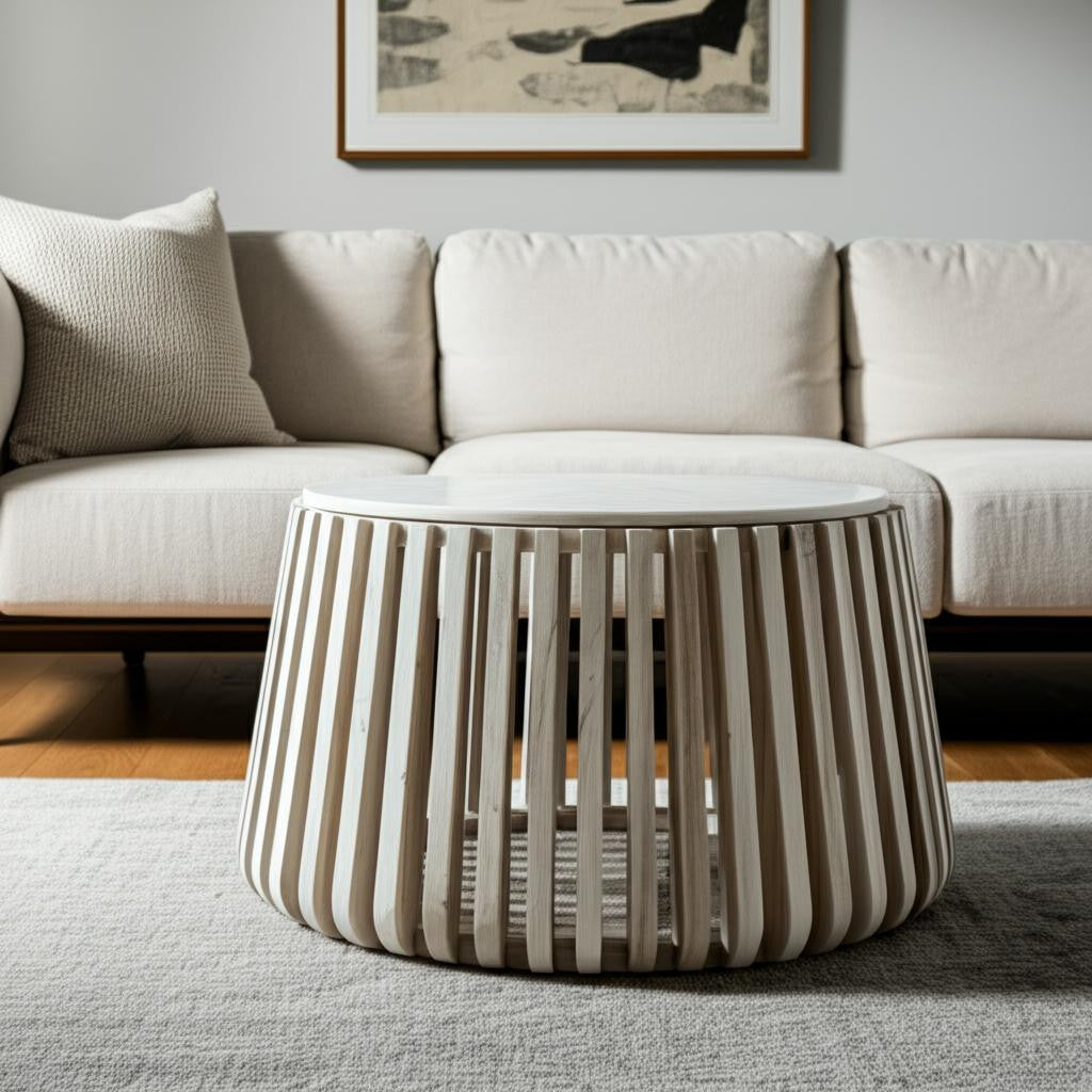 34" White and Natural Genuine Marble and Wood Round Drum Coffee Table