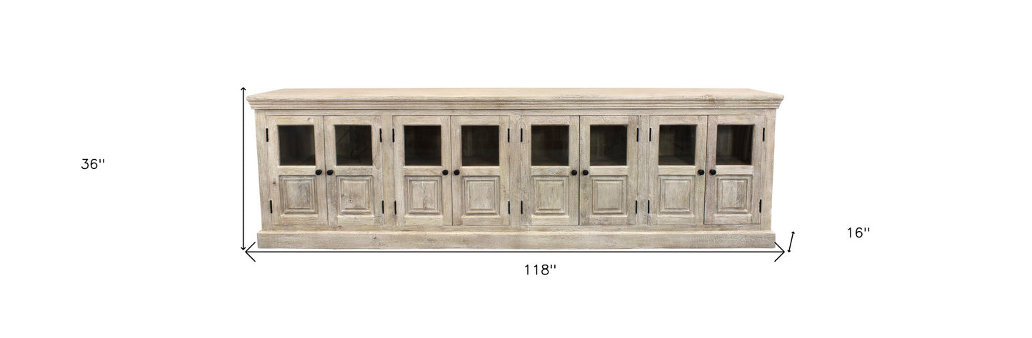 118" Antiqued White Distressed Solid Wood Sideboard with 8 Glass Doors