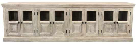 118" Antiqued White Distressed Solid Wood Sideboard with 8 Glass Doors