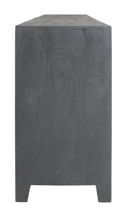 86" Dark Gray Carved Floral Distressed Solid Wood Enclosed Storage TV Stand