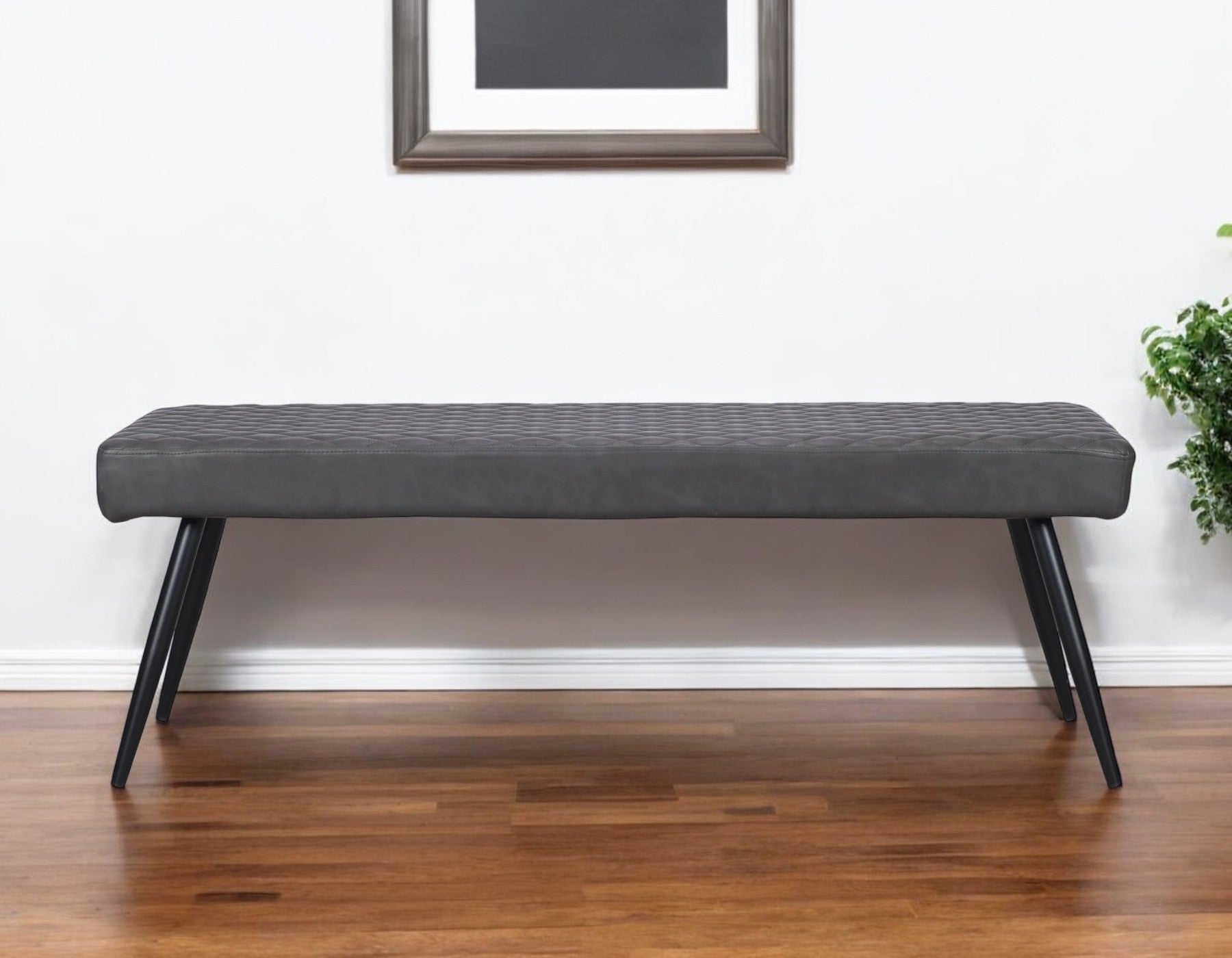 54" Dark Gray and Black Faux Leather Upholstered Dining Bench