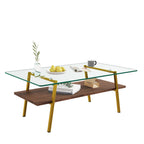 Rectangle Coffee Table, Tempered Glass Tabletop With Gold Metal Legs, Modern Table For Living Room ,