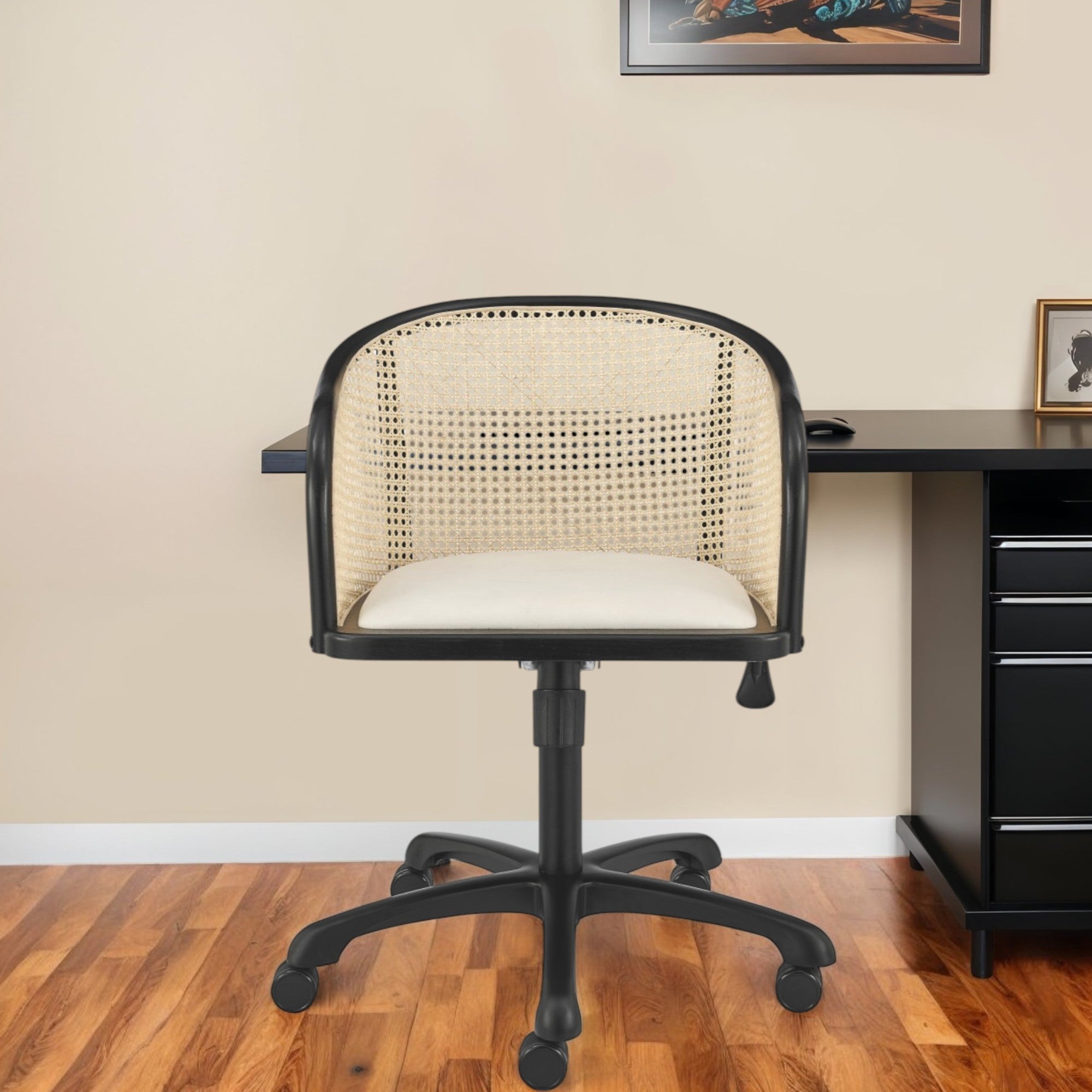 Beige and Black Solid Wood Steel And Cane Rattan Adjustable Swivel Rolling Office Chair