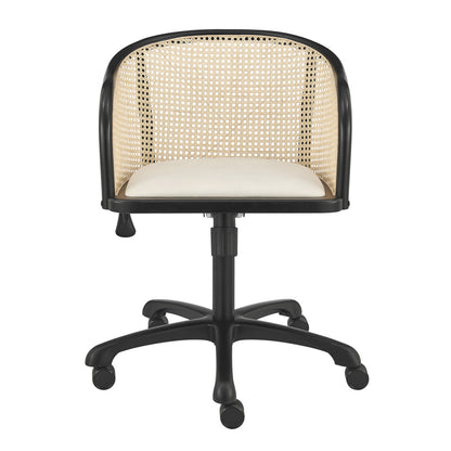 Beige and Black Solid Wood Steel And Cane Rattan Adjustable Swivel Rolling Office Chair