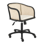 Beige and Black Solid Wood Steel And Cane Rattan Adjustable Swivel Rolling Office Chair