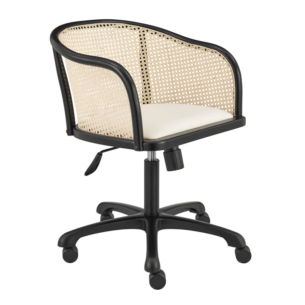 Beige and Black Solid Wood Steel And Cane Rattan Adjustable Swivel Rolling Office Chair