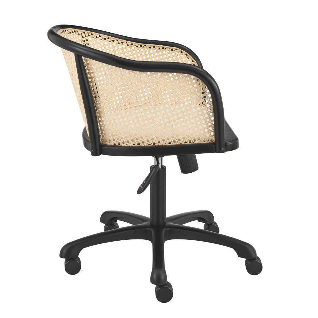 Beige and Black Solid Wood Steel And Cane Rattan Adjustable Swivel Rolling Office Chair