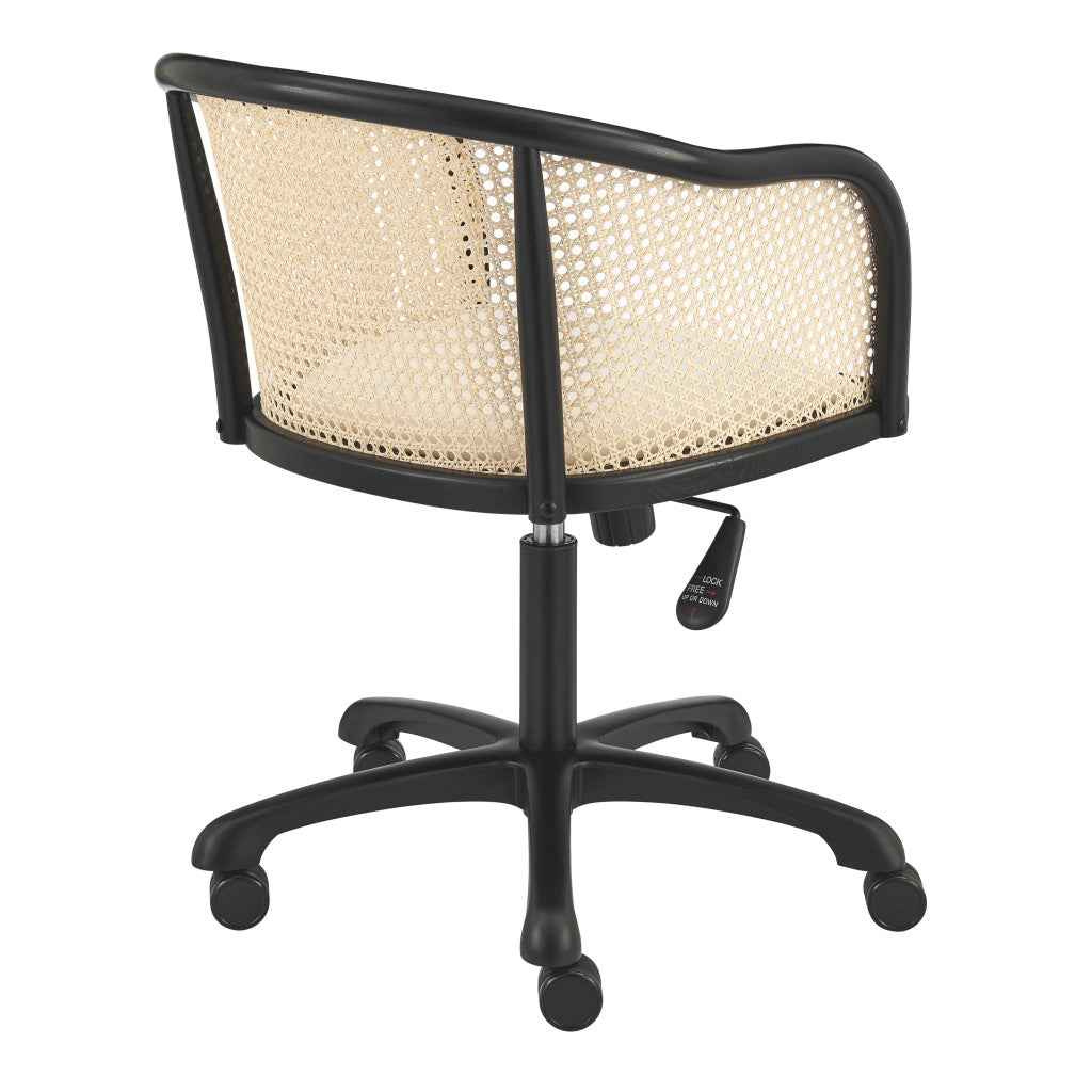 Beige and Black Solid Wood Steel And Cane Rattan Adjustable Swivel Rolling Office Chair
