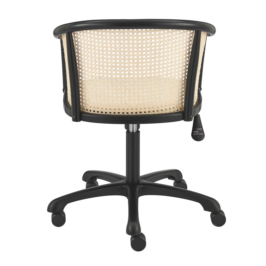 Beige and Black Solid Wood Steel And Cane Rattan Adjustable Swivel Rolling Office Chair
