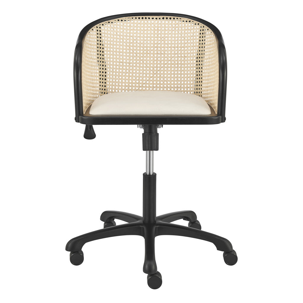 Beige and Black Solid Wood Steel And Cane Rattan Adjustable Swivel Rolling Office Chair