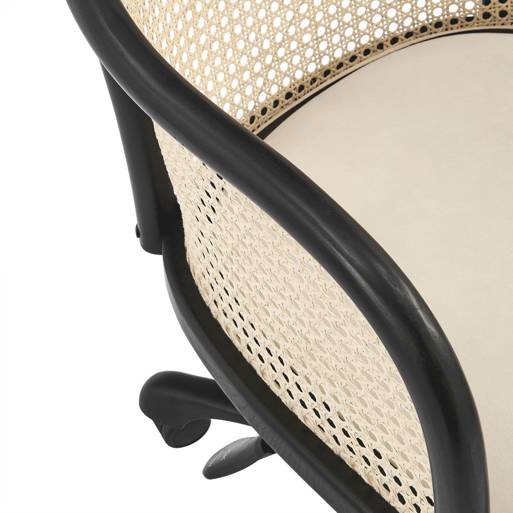Beige and Black Solid Wood Steel And Cane Rattan Adjustable Swivel Rolling Office Chair