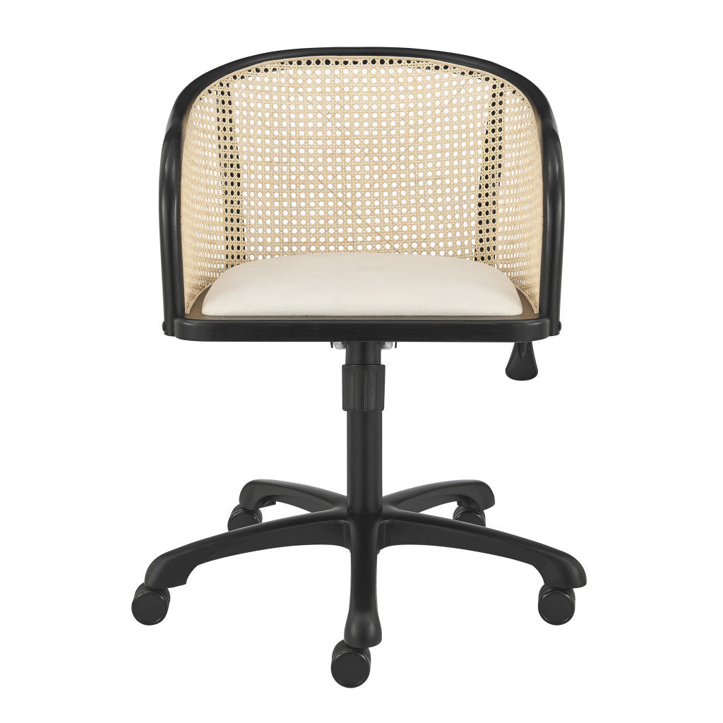 Beige and Black Solid Wood Steel And Cane Rattan Adjustable Swivel Rolling Office Chair