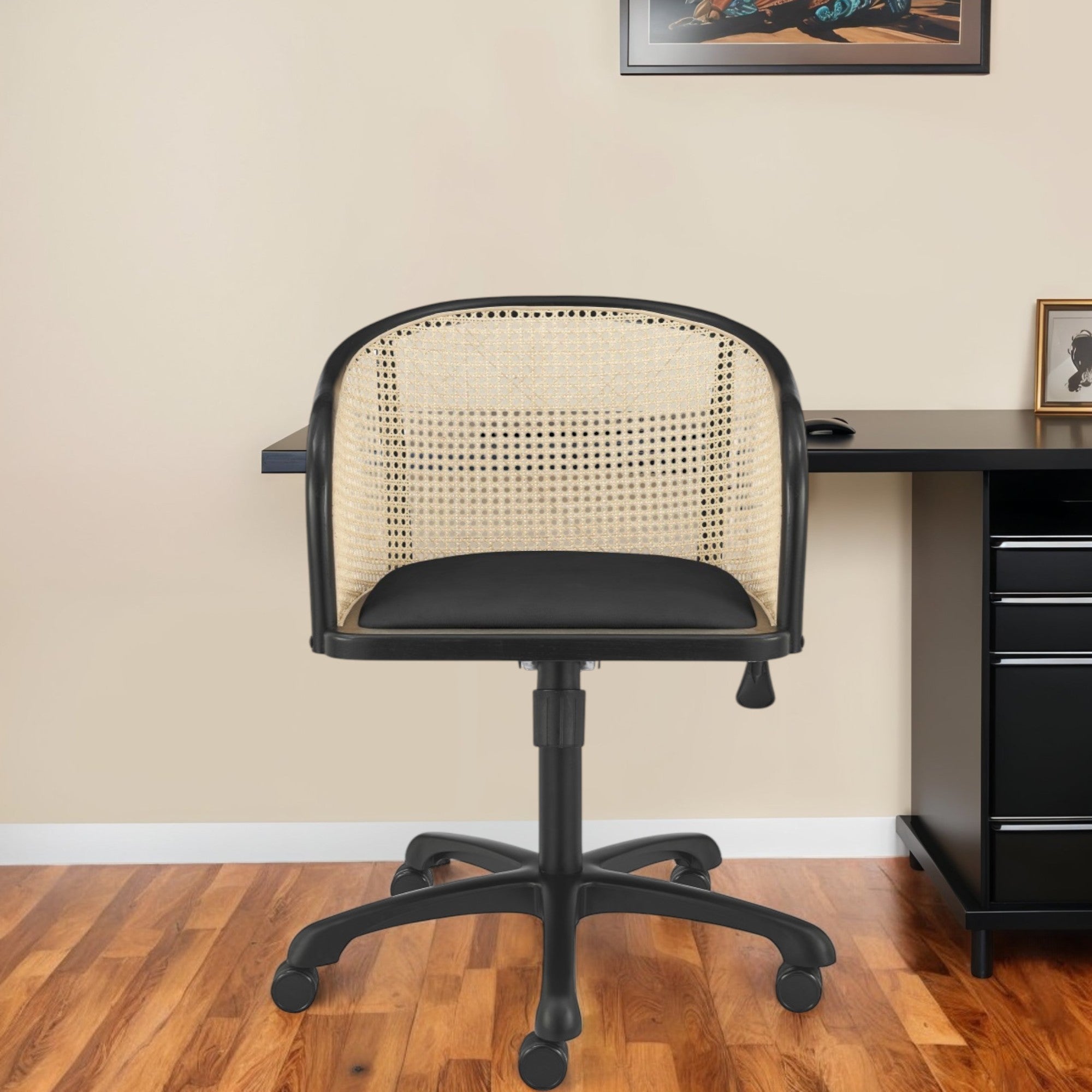 Beige and Black Solid Wood Steel And Cane Rattan Adjustable Swivel Rolling Office Chair