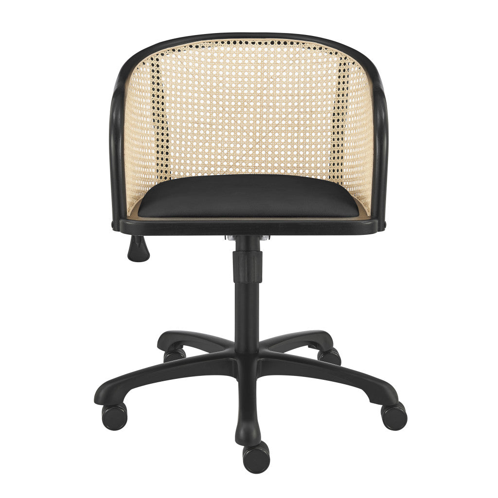 Beige and Black Solid Wood Steel And Cane Rattan Adjustable Swivel Rolling Office Chair