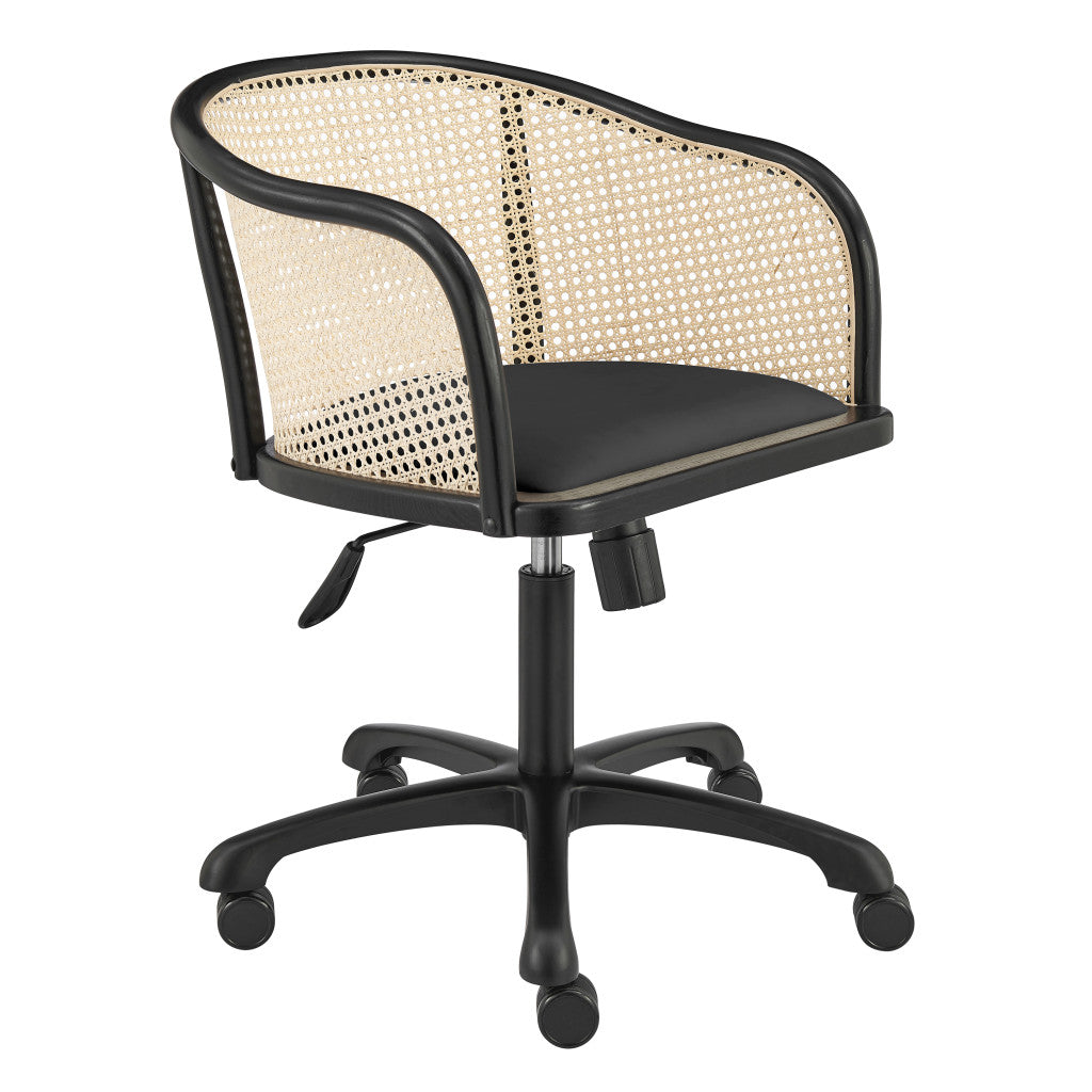 Beige and Black Solid Wood Steel And Cane Rattan Adjustable Swivel Rolling Office Chair