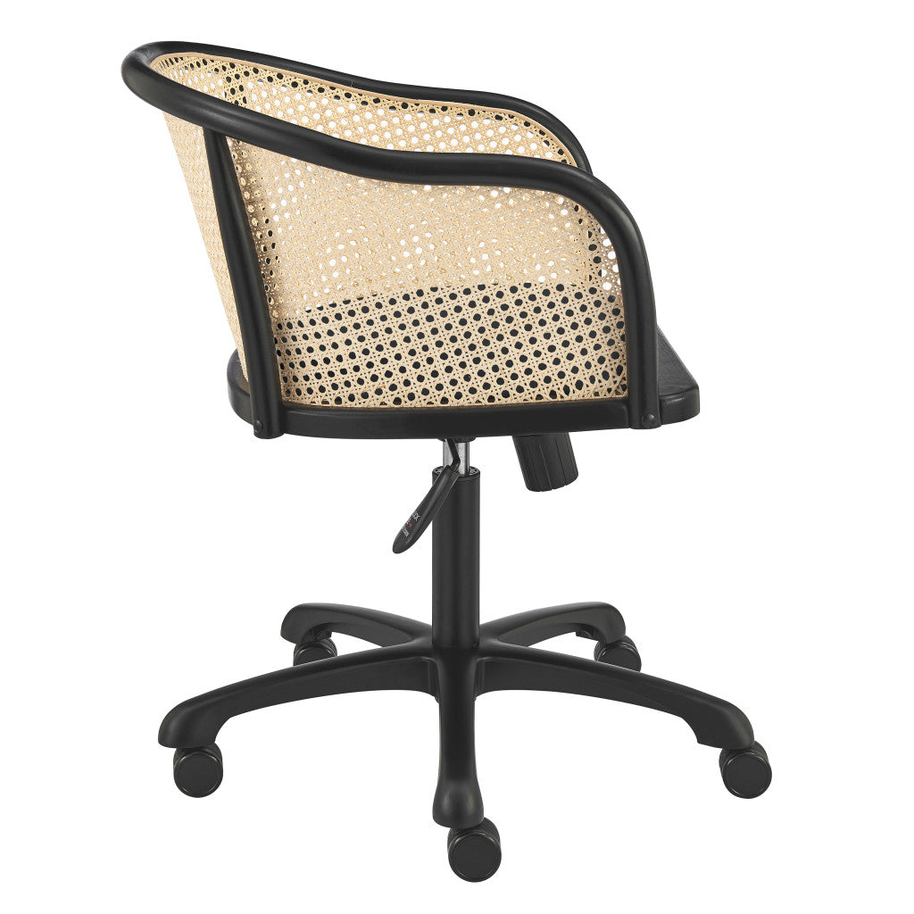 Beige and Black Solid Wood Steel And Cane Rattan Adjustable Swivel Rolling Office Chair