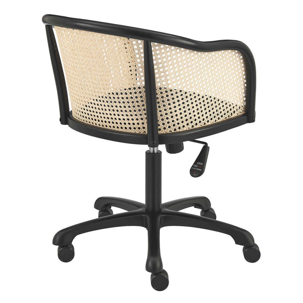 Beige and Black Solid Wood Steel And Cane Rattan Adjustable Swivel Rolling Office Chair