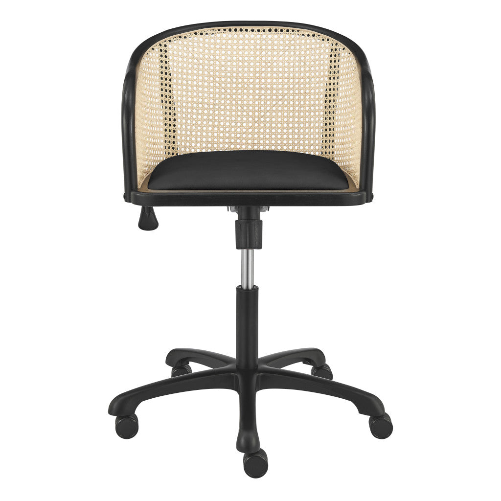 Beige and Black Solid Wood Steel And Cane Rattan Adjustable Swivel Rolling Office Chair