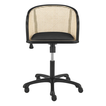 Beige and Black Solid Wood Steel And Cane Rattan Adjustable Swivel Rolling Office Chair