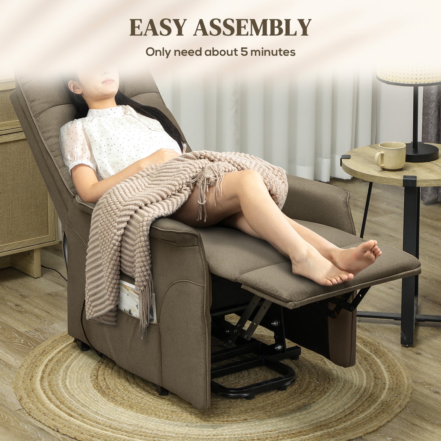 Power Lift Chair for Elderly, Fabric Recliner Sofa with Remote Control, Side Pockets, Quick Assembly, Brown