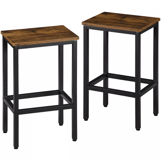 Set of Two 26" Brown and Black Steel and Wood Backless Counter Height Bar Chairs