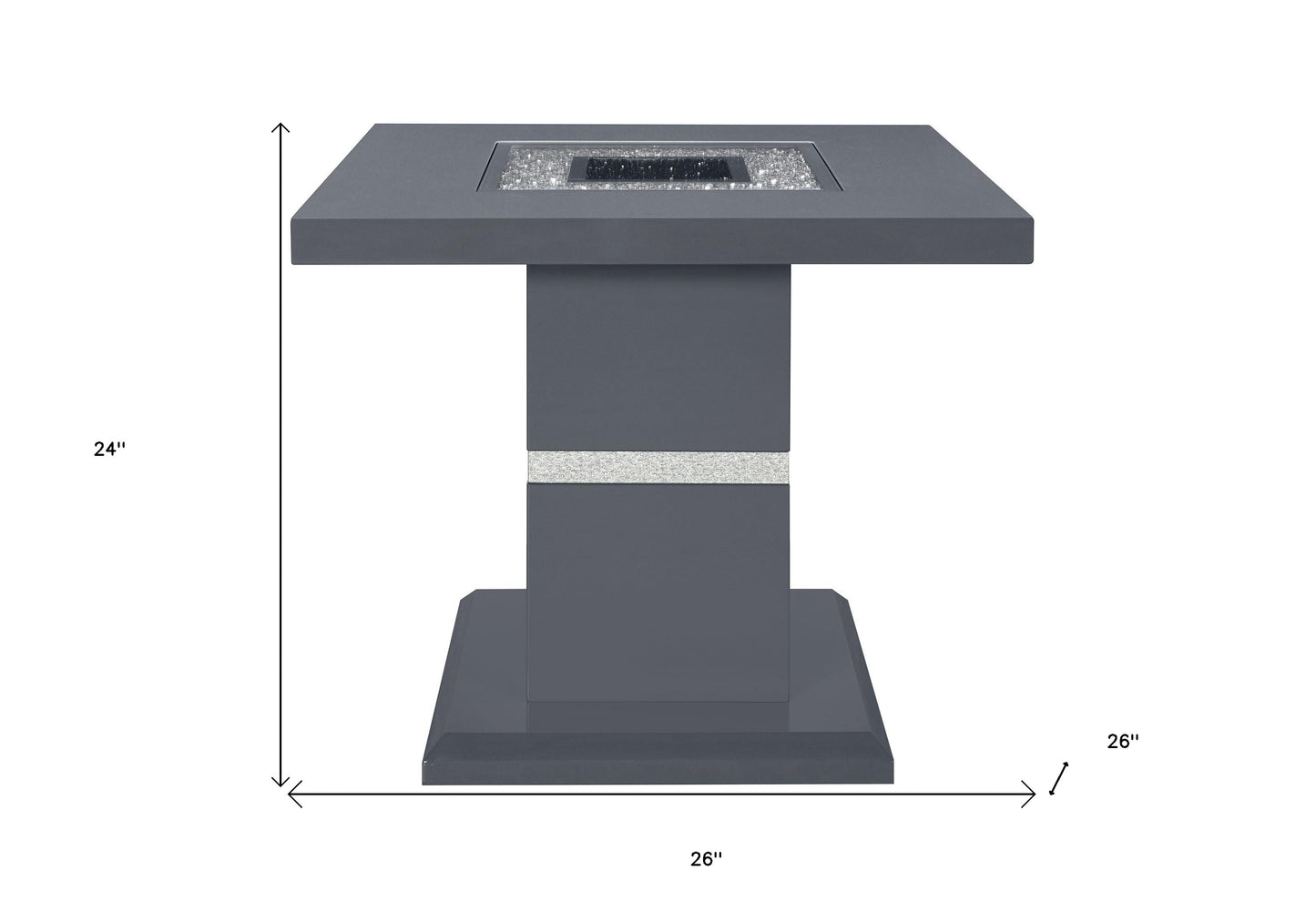 24" Dark Gray and Silver Faux Crystals Glass and Wood Square Pedestal End Table