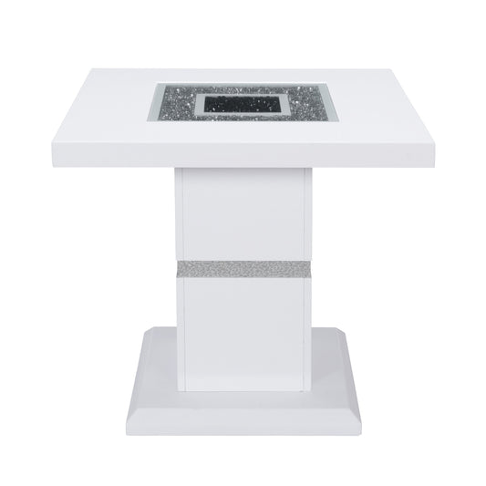 24" White and Silver Glass and Wood Faux Crystal Bling Square Pedestal End Table