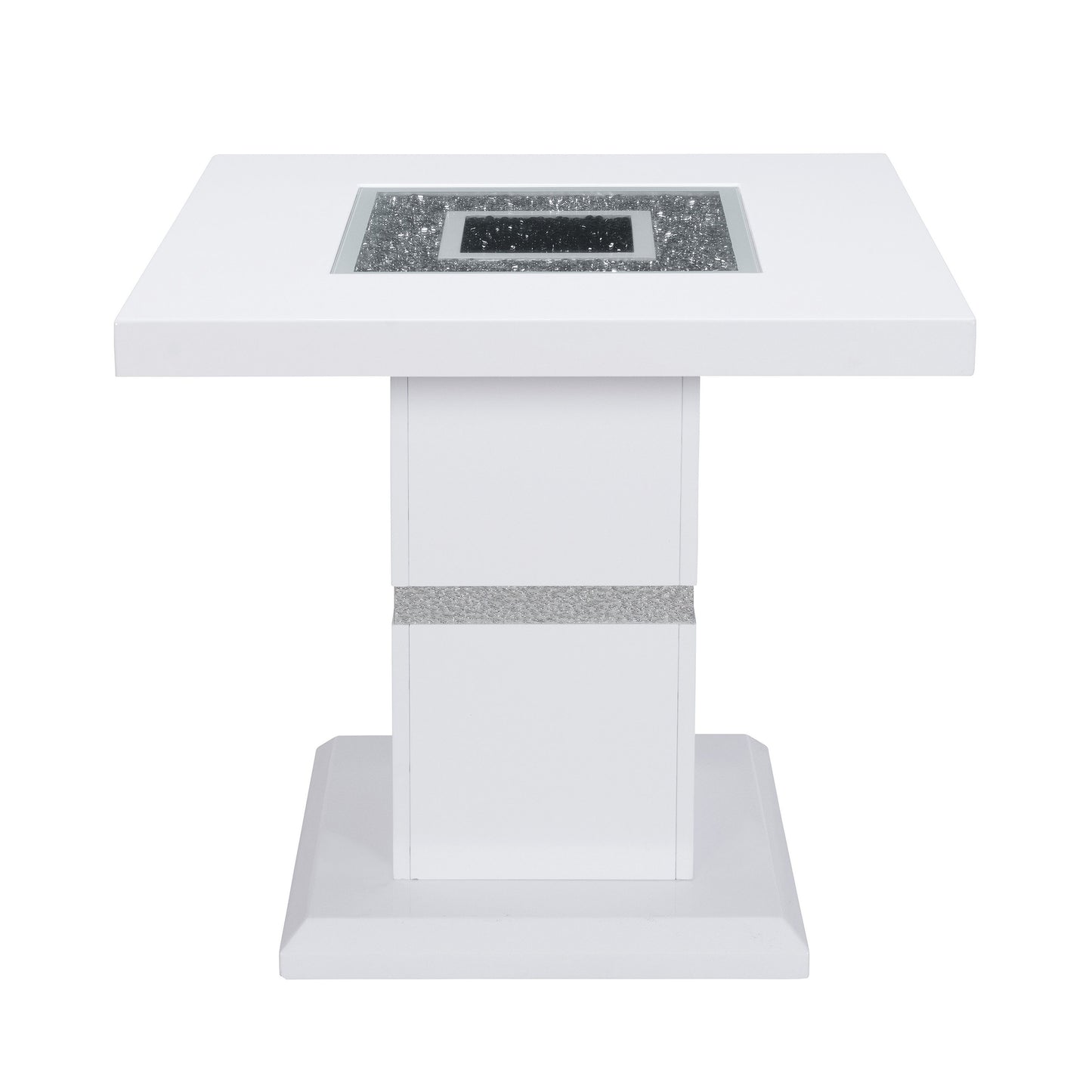24" White and Silver Glass and Wood Faux Crystal Bling Square Pedestal End Table