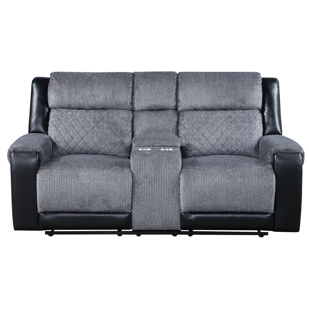 76" Gray and Black Faux Leather and Microfiber Manual Reclining Loveseat With Storage