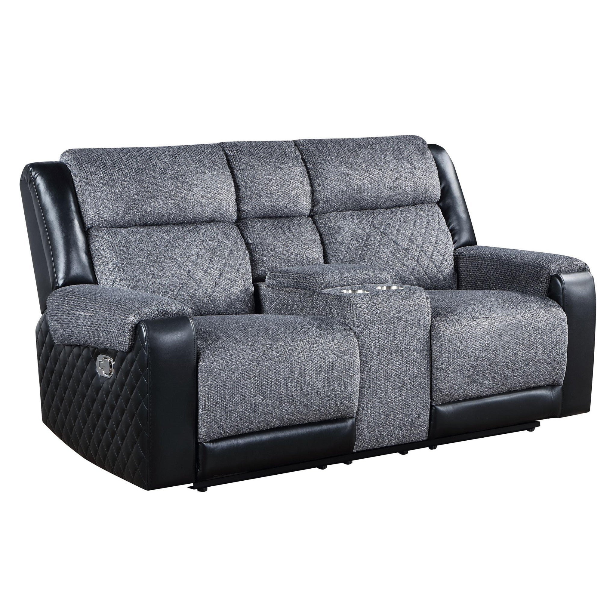 76" Gray and Black Faux Leather and Microfiber Manual Reclining Loveseat With Storage