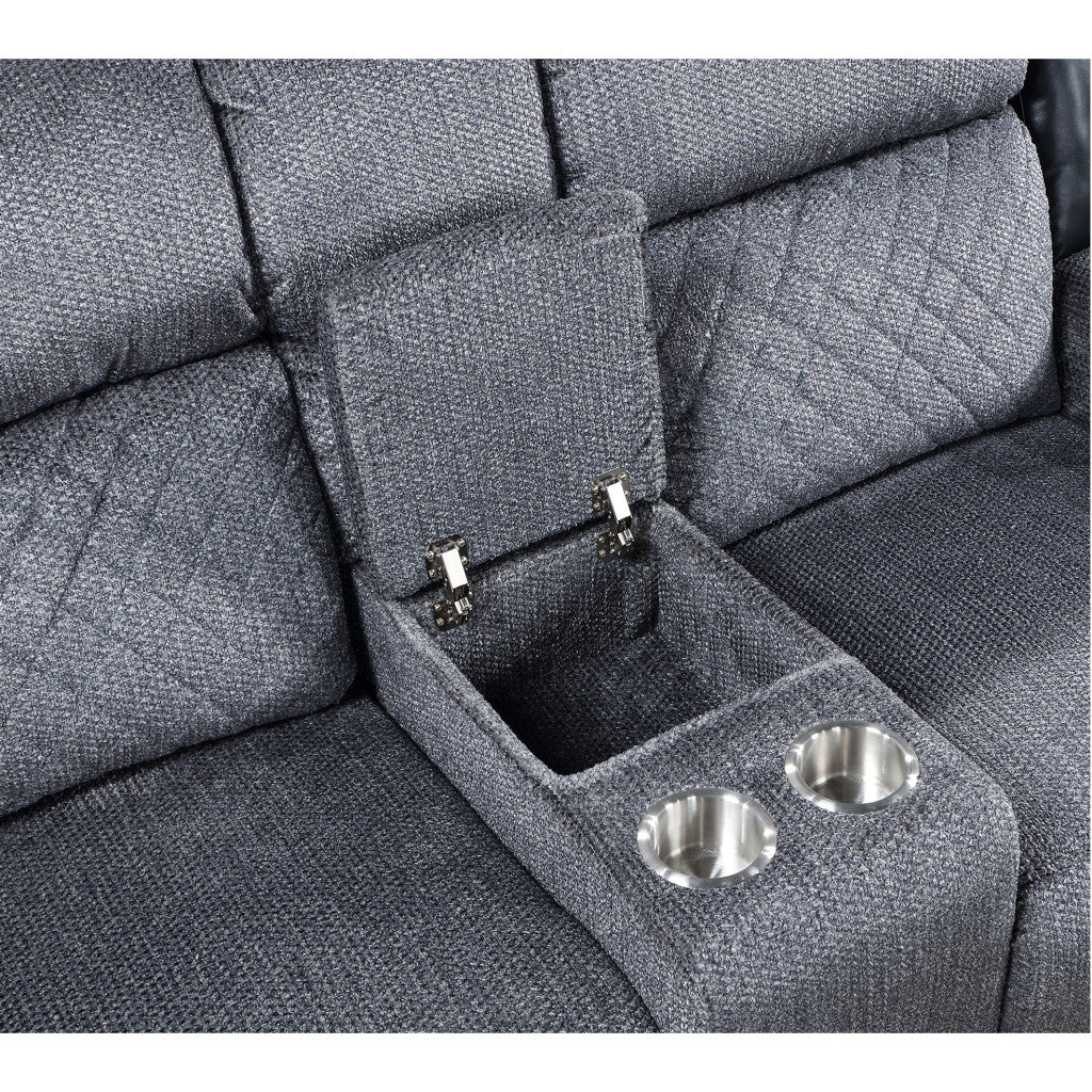 76" Gray and Black Faux Leather and Microfiber Manual Reclining Loveseat With Storage