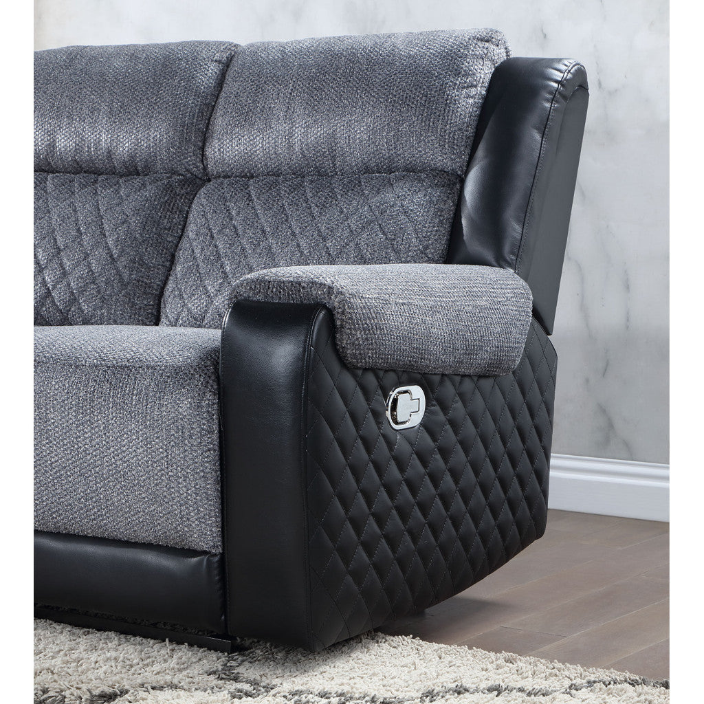 76" Gray and Black Faux Leather and Microfiber Manual Reclining Loveseat With Storage
