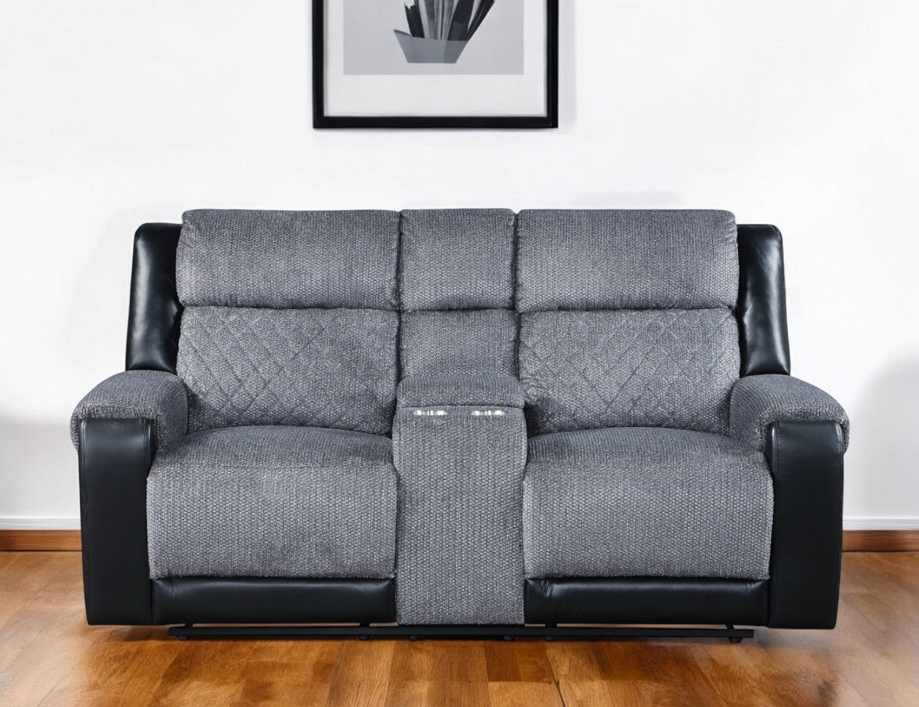 76" Gray and Black Faux Leather and Microfiber Manual Reclining Loveseat With Storage