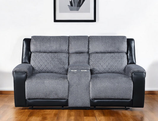 76" Gray and Black Faux Leather and Microfiber Manual Reclining Loveseat With Storage