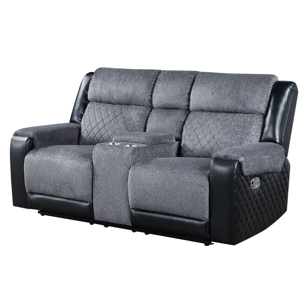76" Gray and Black Faux Leather and Microfiber Manual Reclining Loveseat With Storage