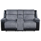 76" Gray and Black Faux Leather and Microfiber Manual Reclining Loveseat With Storage