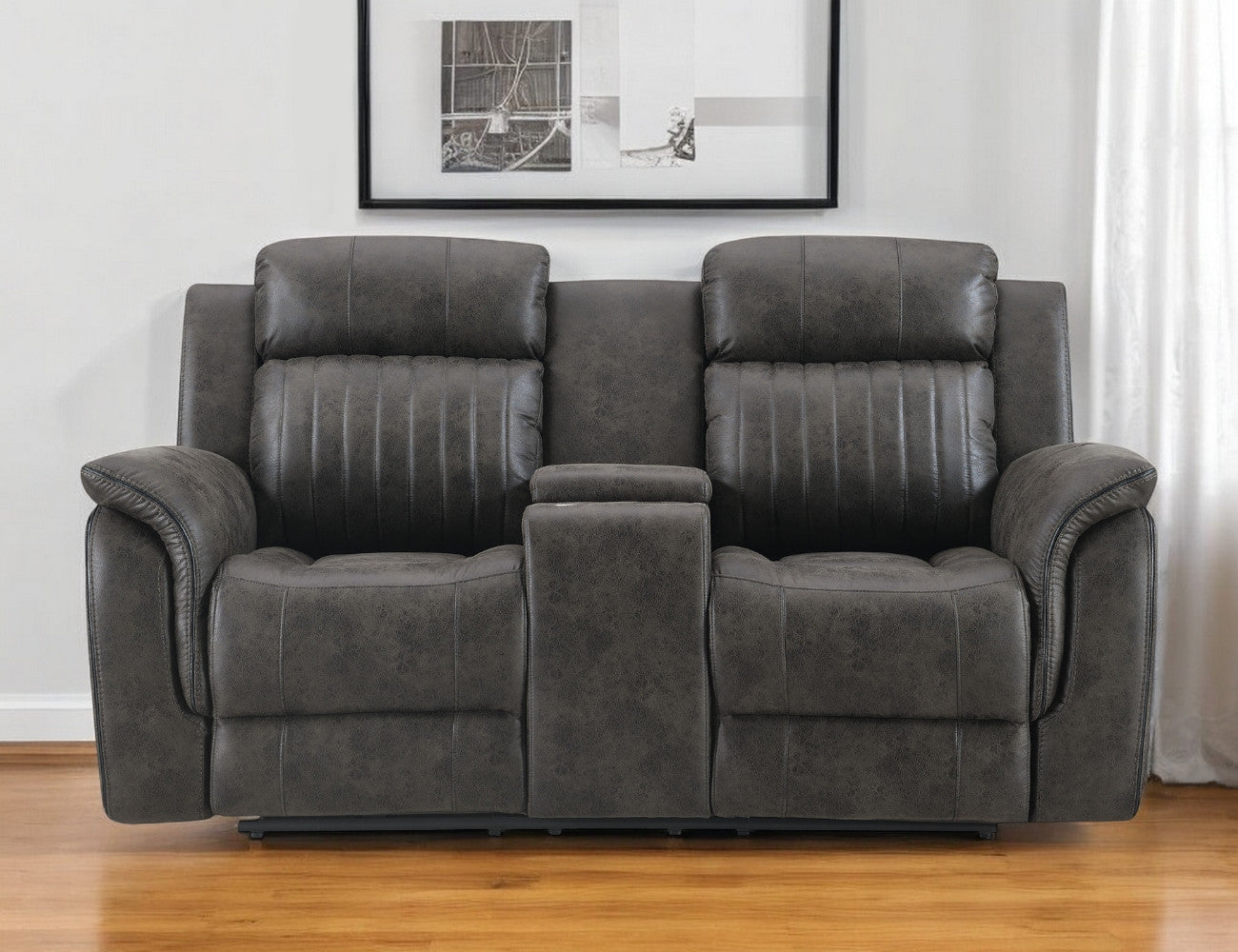 74" Gray Faux Leather Manual Reclining Loveseat With Storage