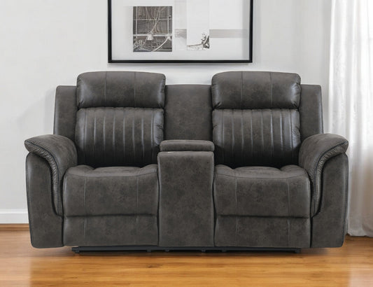 74" Gray Faux Leather Manual Reclining Loveseat With Storage