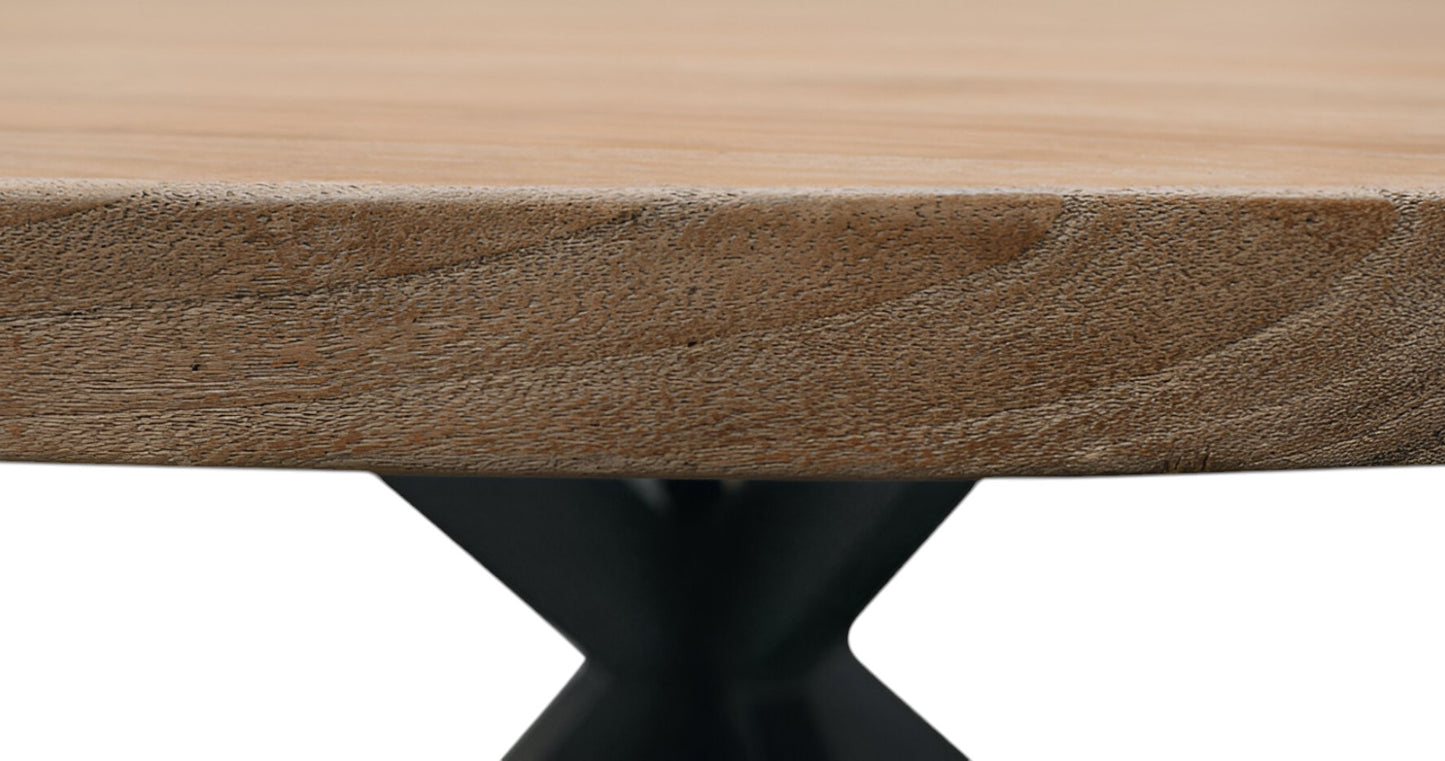 60" Natural And Black Rounded Solid Wood And Iron Pedestal Base Dining Table