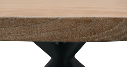 60" Natural And Black Rounded Solid Wood And Iron Pedestal Base Dining Table