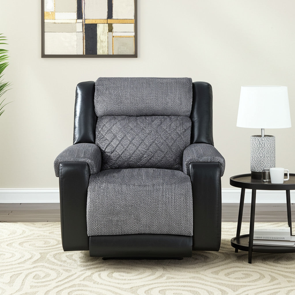 39" Black And Gray Faux Leather And Fabric Manual Recliner