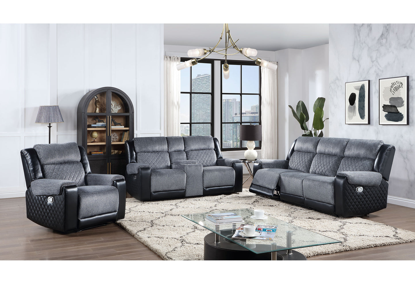 39" Black And Gray Faux Leather And Fabric Manual Recliner