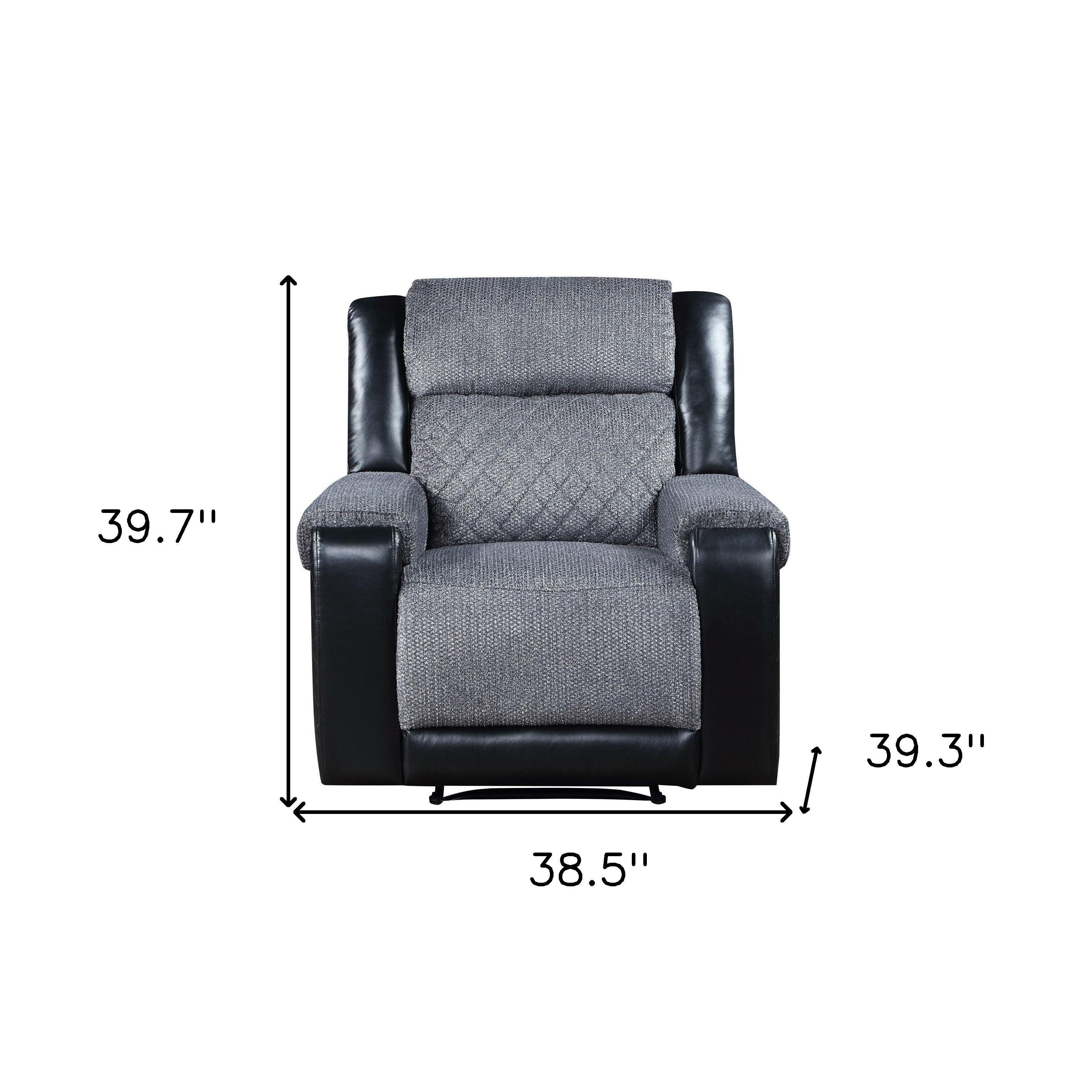 39" Black And Gray Faux Leather And Fabric Manual Recliner