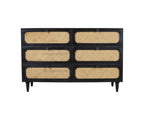 56" Black And Natural Solid Wood And Rattan Six Drawer Double Dresser