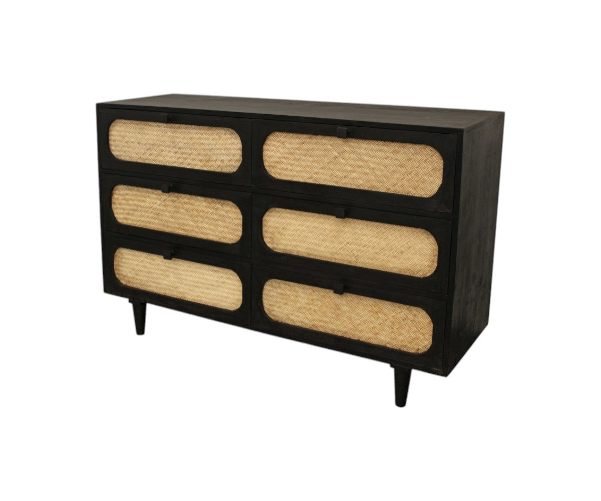 56" Black And Natural Solid Wood And Rattan Six Drawer Double Dresser