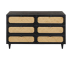 56" Black And Natural Solid Wood And Rattan Six Drawer Double Dresser