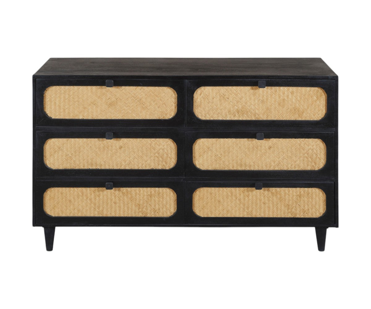 56" Black And Natural Solid Wood And Rattan Six Drawer Double Dresser