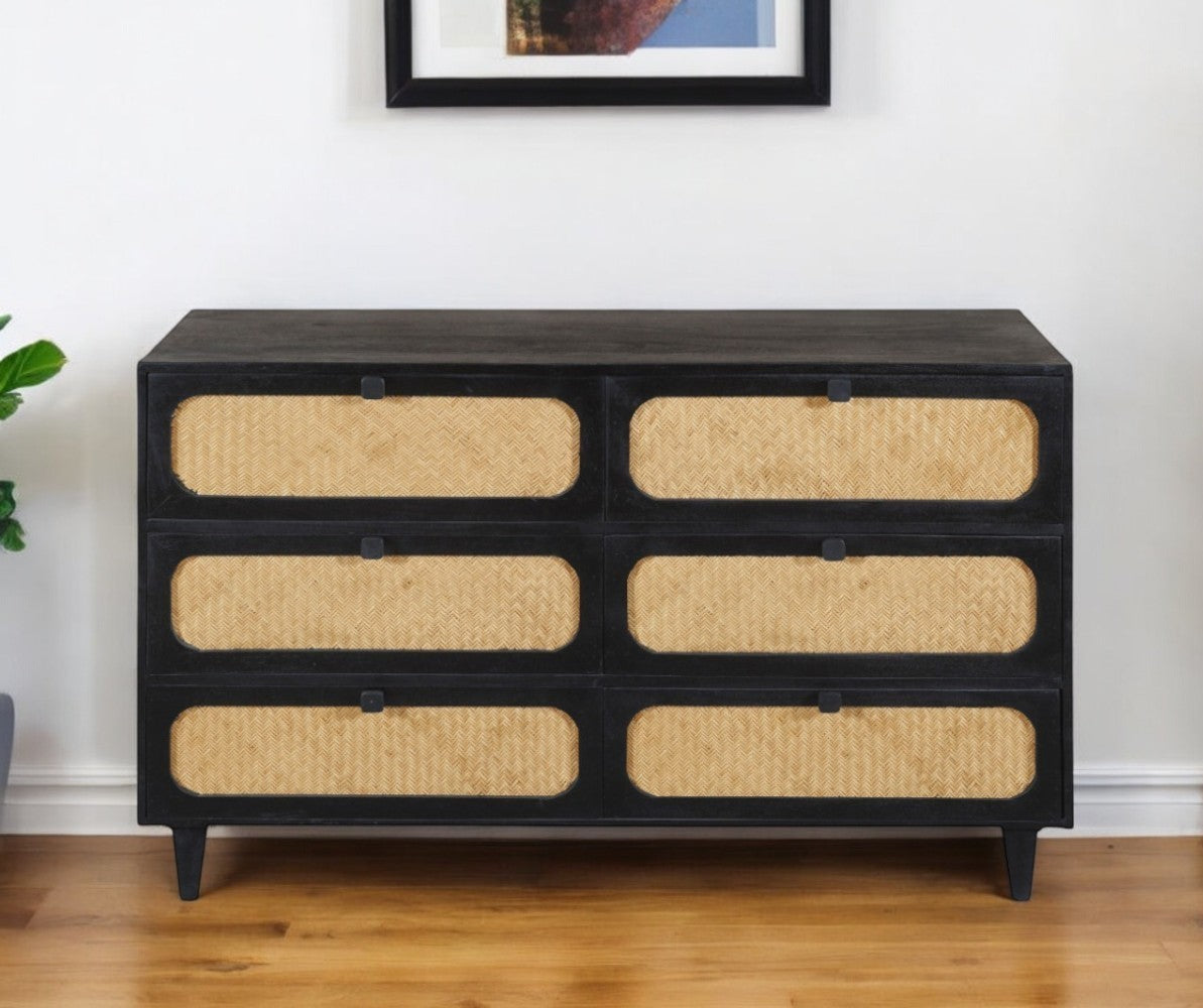 56" Black And Natural Solid Wood And Rattan Six Drawer Double Dresser
