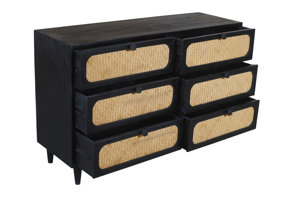 56" Black And Natural Solid Wood And Rattan Six Drawer Double Dresser