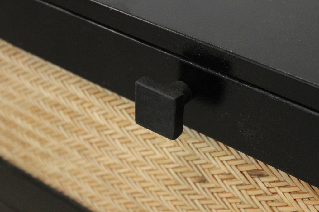 56" Black And Natural Solid Wood And Rattan Six Drawer Double Dresser